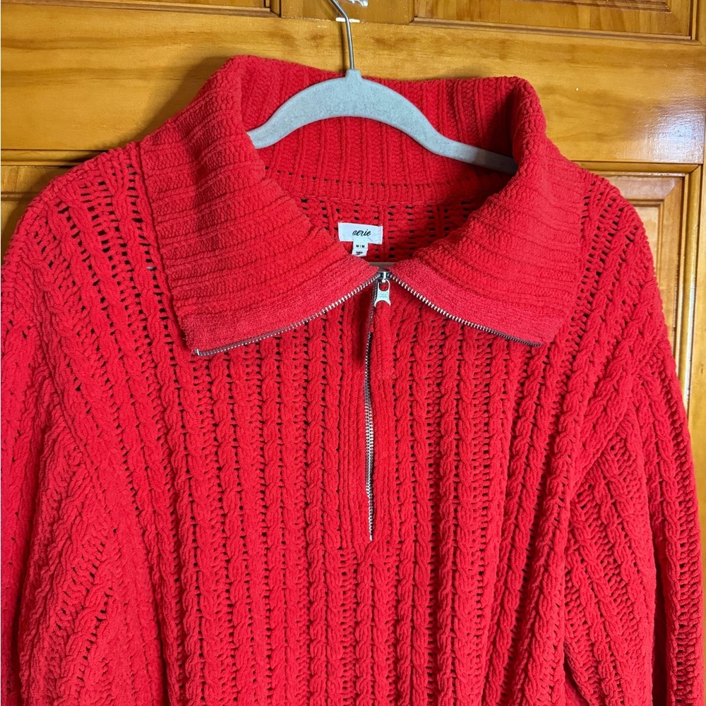 Aerie Cable Car Knit Quarter Zip Cozy Sweater Holiday Red Medium - Picture 6 of 9